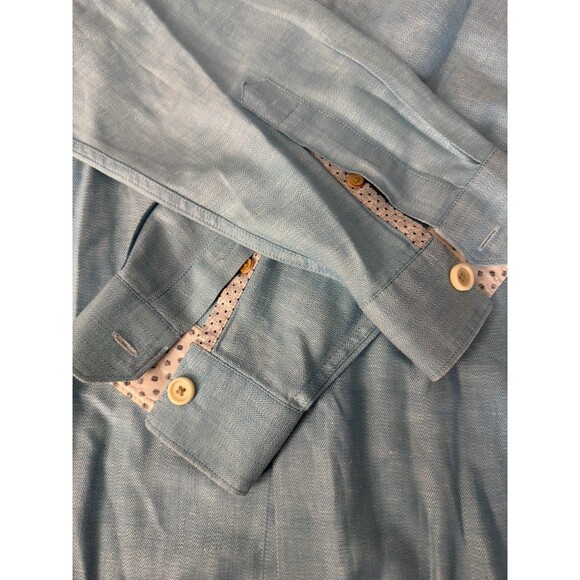 Ted Baker Mens Size 5 (LG) Blue Linen Cotton Button Up Long Sleeve Dress Shirt - Picture 8 of 9